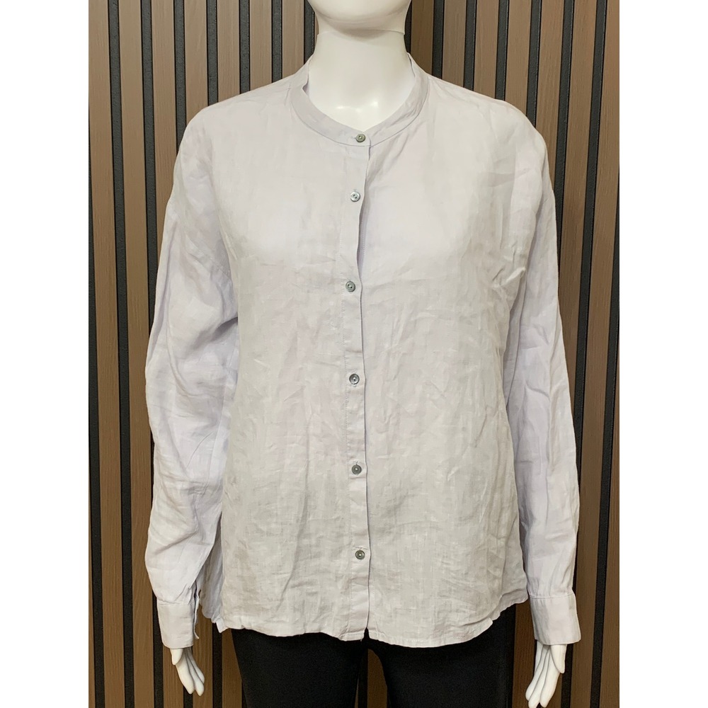 Eileen Fisher 100% Organic Linen Button Down Shirt Gray Mandarin Collar M
